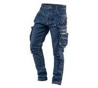 NEO TOOLS Pantalones de trabajo para hombre de tejido vaquero largo, con 8 bolsillos, costuras reforzadas en la zona de la rodilla, 98% algodón, 2% elastano, 410 g/m2, aspecto cargo Denim, talla M