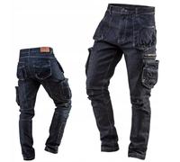 NEO TOOLS Pantalones de trabajo para hombre de tejido vaquero largo, con 8 bolsillos, costuras reforzadas en la zona de la rodilla, 98% algodón, 2% elastano, 410 g/m2, aspecto cargo Denim, talla M