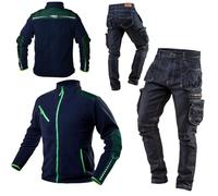 NEO TOOLS Pantalones de trabajo para hombre denim o conjunto, largos, 8 bolsillos, talla XS-3XL, costuras reforzadas, zona de la rodilla perfilada, tejido mixto 98% algodón, 2% elastano, 410 g/m2,