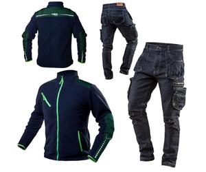NEO TOOLS Pantalones de trabajo para hombre denim o conjunto, largos, 8 bolsillos, talla XS-3XL, costuras reforzadas, zona de la rodilla perfilada, tejido mixto 98% algodón, 2% elastano, 410 g/m2,