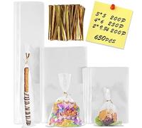 NEOACT 650 bolsas de celofán planas transparentes con 3 x 204 x 2,7.84 x 2 pulgadas, las bolsas de golosinas con lazos son buenas para varillas de pretzel, panadería, galletas, dulces, postres.