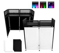 Neoaider Cabina de DJ portátil de 20 x 42 x 44 pulgadas, cabina de fachada de DJ con telas blancas y negras, soporte de mesa de DJ de altura ajustable de 4 pulgadas, marco de metal plegable para