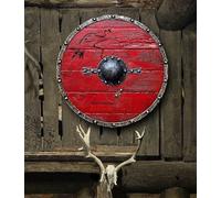 NEOARY Ragnar Lothbrok - Escudo vikingo medieval auténtico de Battleworn - El último reino listo para la batalla, totalmente funcional para soldado/guerrero (24 pulgadas), rojo