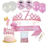 Neodtx Set de Decoración para 7º Cumpleaños de Niña - 11 Unidades con Banda, Corona, Globos y Decoración de Tartas - Rosa