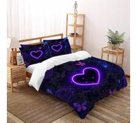 Neon Corazón Morado Funda De Edredón 3 Piezas 3D Impresa Aesthetic Land Life con Funda Almohada Double（200x200cm） Microfibra Juego De Ropa De Cama para para Niñosy Hombres