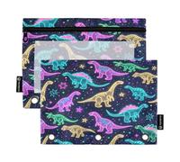 Neon Dinosaurs in Space - Juego de 2 estuches para carpetas de 3 anillas, cremallera suave con ventana de PVC transparente para suministros escolares