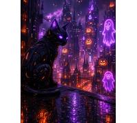 Neon Halloween Nights: Spooky Gothic Notebook with a Mysterious Black Cat, Neon Haunted City, Ghosts and Jack-O'-Lanterns | Halloween Journal for Writing, Notes and Drawing