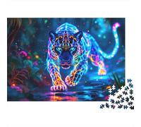 Neon Jaguar Jungle 1000 Piezas Rompecabezas Viaje Adultos Tigre Espiritual Luminoso en Selva Oscura de Ensueño Premium Resistente Desafiante Alivio Estrés 52x38cm/1000pcs