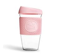 Neon Kactus - Vaso de cristal de borosilicato soplado a mano, Taza de café para llevar reutilizable con tapa de silicona apta para uso alimentario y funda térmica, Vaso de viaje reciclable