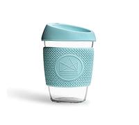 Neon Kactus - Vaso de cristal de borosilicato soplado a mano, Taza de café para llevar reutilizable con tapa de silicona apta para uso alimentario y funda térmica, Vaso de viaje reciclable