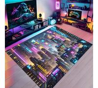 Neón Mundo Punk Escena Nocturna Ciudad Alfombra Habitación Juventud Niños Infantil Adolescentes, Franela Antideslizante Gaming Alfombra para Sala de Juegos, Sala de Estar, Dormitorio, 100x120 cm