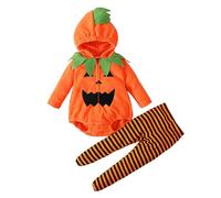 Neonato Neonate Ragazzi Set di vestiti di Halloween Manica Lunga In Pile Cerniera con Cappuccio Pagliaccetto Giacca Top Pantaloni a Righe Leggings con piedi Costumi (j-Orange, 18-24 Months)