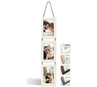 NEOWS Portafotos Múltiple Decorativo para Colgar en Pared - Marcos de Fotos Multiples de Madera Con Cuerda - Collage Portarretratos Colgante - Fotos 10x15 cm (Blanco Rasgado, 3 Fotos Vertical)