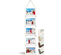 NEOWS Portafotos Múltiple Decorativo para Colgar en Pared - Marcos de Fotos Multiples de Madera Con Cuerda - Collage Portarretratos Colgante - Fotos 10x15 cm (Blanco Rasgado, 5 Fotos Horizontal)