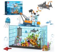 NERCISU Juego de bloques de construcción para peceras, juego de construcción de acuario con luces LED, incluyendo tiburón oceánico, medusas, barco de pesca, regalo STEM para niños y niñas de 8 a 12