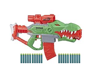 NERF DinoSquad Rex-Rampage Motorized Dart Blaster, 10-Dart Clip, 20 Official Darts, 10-Dart Storage- T-Rex Dinosaur Design , Red