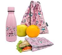 NERTHUS FIH 1025 SET Botella Doble Pared Acero Inox + Bolsa Sandwich + Mochila Unicornios