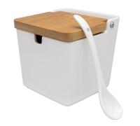 NERTHUS FIH 1335 Salero de Porcelana Extragrande Cuadrado con Tapa de Madera y Cuchara, Elegancia y Funcionalidad en la Cocina