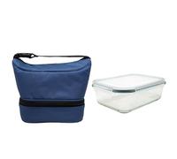 NERTHUS FIH 1503 Fiambrera térmica tipo bolso azul con recipiente hermético de cristal 640ML, bolsa porta alimentos con doble compartimento, interior aislante, con asa, ideal para trabajo y oficina