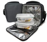 Nerthus FIH 465 Lunch Bag Gris FIAmbrera bolsa termica porta alimentos 2 recipiente Herméticos, Tela Resistente, 2 recipientes Cristal, Con 2 Tuppers Cristal