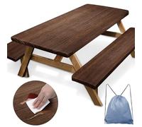 Nesphy Mantel de madera marrón para mesa de picnic con fundas de banco, tablero rústico, vintage, artículos esenciales para acampar al aire libre, 6 pies, 3 piezas, rectangular, ajustable, con bolsa