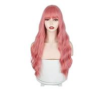 NESPIQ Pelucas Muje Peluca Larga Rosa Pastel Con Flequillo, Pelucas Sintéticas Largas Rosa Claro Para Mujer Peluca Rosa Ondulada Peluca Pelo Natural