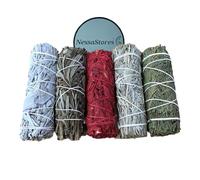 NessaStores 5 piezas de muestras de palitos de mancha, 1 kit de salvia blanca, salvia negra, sangre de dragón de salvia blanca, salvia azul y cedro, 10 cm atado a mano, todo natural, de origen ético
