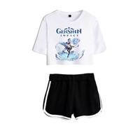 Nesthome Genshin Impact T Shirts Männer Frauen Sommer Hip Hop Cosplay Shirt Crop Top und Shorts 2pcs für Damen Mädchen, blanco+negro-1, M