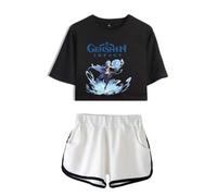 Nesthome Genshin Impact T Shirts Männer Frauen Sommer Hip Hop Cosplay Shirt Crop Top und Shorts 2pcs für Damen Mädchen, Negro+blanco-1, M