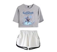 Nesthome Genshin Impact T Shirts Männer Frauen Sommer Hip Hop Cosplay Shirt Crop Top und Shorts 2pcs für Damen Mädchen, Gris+blanco-1, M
