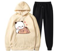 Nesthome Sudadera con capucha + jogger de dos piezas Kawaii Panda Bear Hug Bubu and Dudu Sweet Love Bubu and Dudu Camiseta, Beige-1, XS