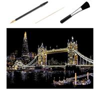 NESTINGHO Kit de Manualidades para Rascar Imagen de Ciudad Nocturna 4 Piezas, Incluye Papel para Dibujar a Lápiz, Bolígrafo Dorado, Pincel Negro y Palillo de Bambú, Adecuado Guarderías