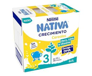 NESTLÉ NATIVA Leche de crecimiento líquida con Cereales sin azúcar añadido para bebés a partir de 1 año. 6 bricks de 1L