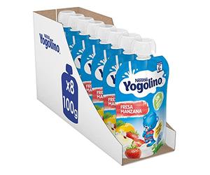 Nestlé Yogolino Bolsitas Fresa Manzana +6 meses 8x100g | Bolsita de yogur de fresa y manzana, desde 6 meses, sin azúcares añadidos, no necesita frío, formato práctico