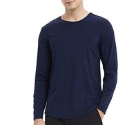 NETDRAW Camiseta de manga larga de bambú para hombre con cuello redondo y corte caído, ajuste casual, Azul marino/flor y brillo, X-Large