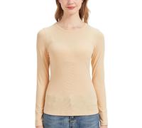 netdraw Camiseta de manga larga de viscosa de bambú acanalada para mujer, cuello redondo, informal, ajustada, térmica, para mujer, Beige Bronceado, M