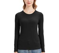 netdraw Camiseta de manga larga de viscosa de bambú acanalada para mujer, cuello redondo, informal, ajustada, térmica, para mujer, Negro -, Large
