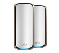 NETGEAR Orbi Serie 970 Sistema WiFi 7 Mesh, hasta 440 m², Pack de 2 | Hasta 27 Gbit/s, 200 Dispositivos, Funciones De Seguridad, Quad-Band, Puerto 10 G, Router + 1 Satélite, Blanco, RBE972S