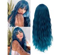 netgo Peluca de cabello sintético para mujer, color verde azulado, largo, esponjoso, ondulado, ondulado, color azul
