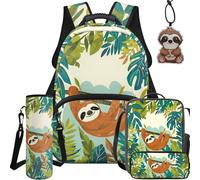 NETILGEN Bonita mochila 5 en 1 para estudiantes, con bolsa de almuerzo, estuche para lápices, funda para botella y colgante de cuero, Perezoso de hoja de palma, L, Casual