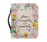NETILGEN Funda para Biblia para hombres y mujeres, diseño de flor con texto en inglés "You are Fearfully and Wonderfully Chrisful", con cremallera y asa para llevar libros, bolsa de estudio para la