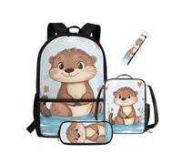 NETILGEN Juego de 4 mochilas Scool con fiambrera, estuche para lápices, llavero para primaria, primaria, niños, mochilas escolares, Linda nutria, Mochila para niños