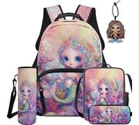 NETILGEN Juego de 5 mochilas escolares de dibujos animados para niños, mochila, bolsa de almuerzo, estuche, funda para botella y colgante de cuero, Escamas de pez sirena, L, Casual