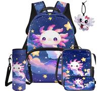 NETILGEN Juego de 5 mochilas escolares de dibujos animados para niños, mochila, bolsa de almuerzo, estuche, funda para botella y colgante de cuero, Galaxy Axolotl, L, Casual