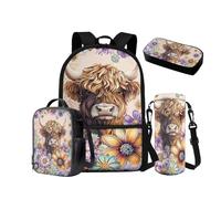 NETILGEN Juego de mochila escolar 4 en 1, mochila de 17 pulgadas con bolsa de almuerzo aislada, estuche para botella de agua, mochila, Boho Floral Blossoms Cow, Mochila escolar