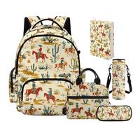 NETILGEN Juego de mochila escolar 5 en 1 para niños con fiambrera, estuche para lápices, funda para botella y funda para libro, Western Cowboy Cactus, L, Casual