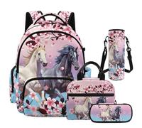 NETILGEN Juego de mochila escolar de dibujos animados de gran capacidad con fiambrera, estuche para lápices y funda para botella, Plum Blossom Horse, L, Casual