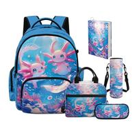 NETILGEN Juego de mochila escolar para niñas con fiambrera, estuche para lápices, funda para botella y funda para libro, juego 5 en 1, Axolotl submarino, L, Casual