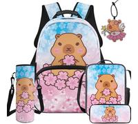 NETILGEN Juego de mochila escolar para niños y niñas con fiambrera, estuche para lápices, funda para botella y llavero colgante, Capibara floral cereza, L, Casual