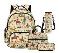 NETILGEN Juego de mochila para niños 4 en 1 con lonchera, estuche para lápices y funda para botella, mochila preescolar, Western Cowboy Cactus, L, Casual